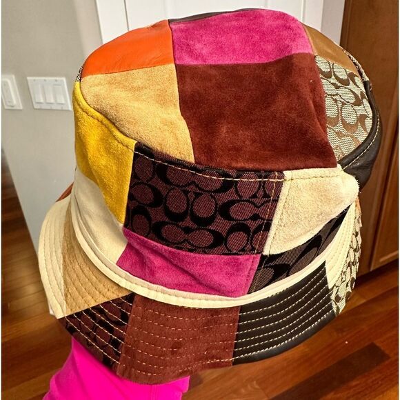 VINTAGE COACH CRUSHER PATCHWORK SUEDE LEATHER SIGNTURE RUST YELLOW PINK SZ S EVC - Picture 4 of 12